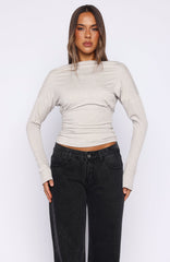 Another Time Cinched Waist Long Sleeve Top Light Grey Marle