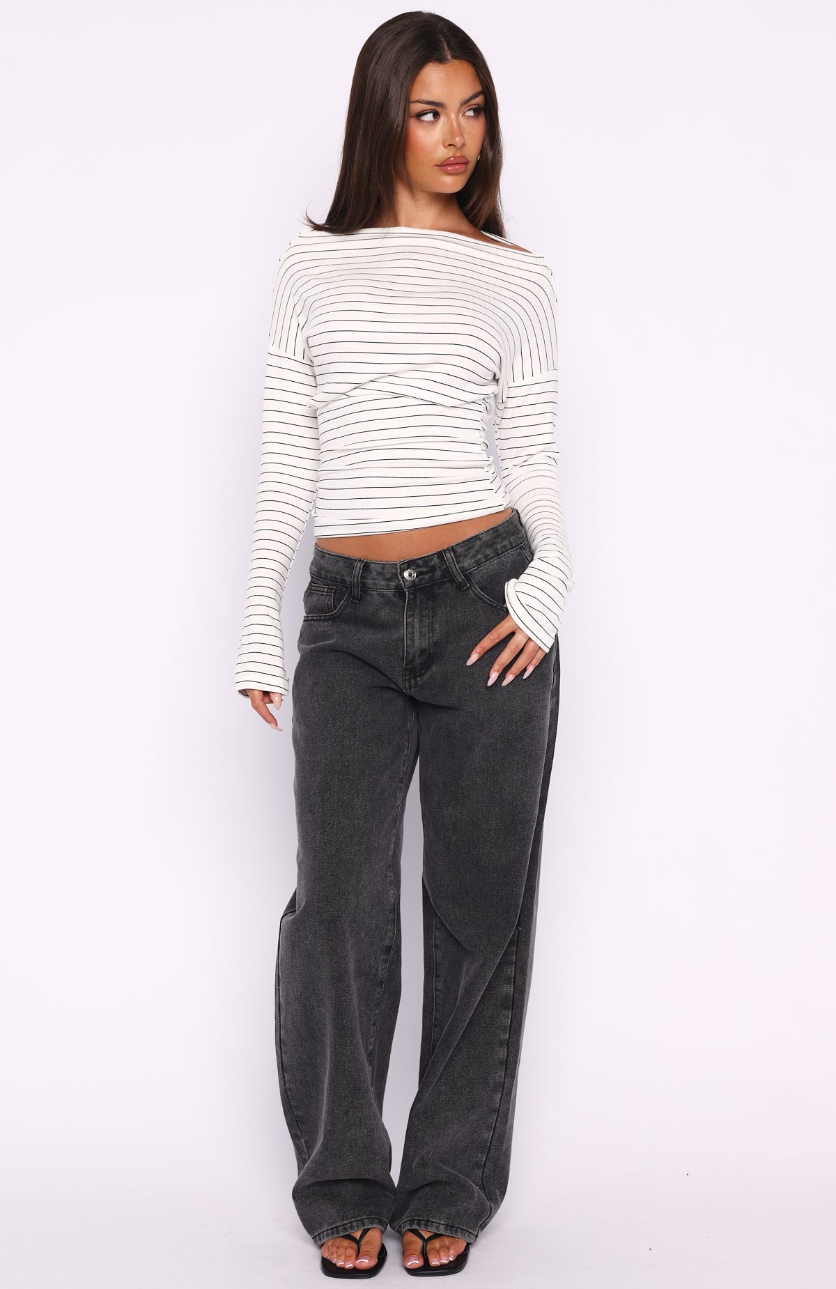 Another Time Cinched Waist Long Sleeve Top White Stripe