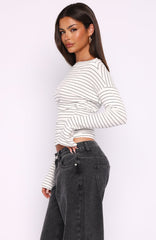 Another Time Cinched Waist Long Sleeve Top White Stripe