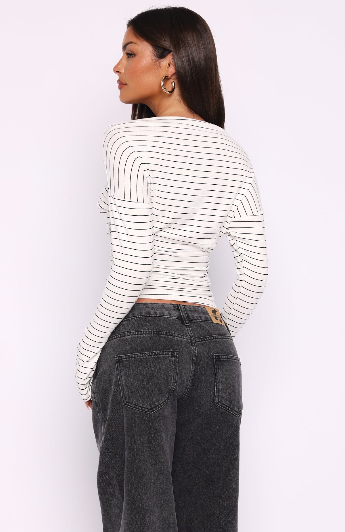 Another Time Cinched Waist Long Sleeve Top White Stripe