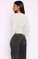 Another Time Cinched Waist Long Sleeve Top White Stripe