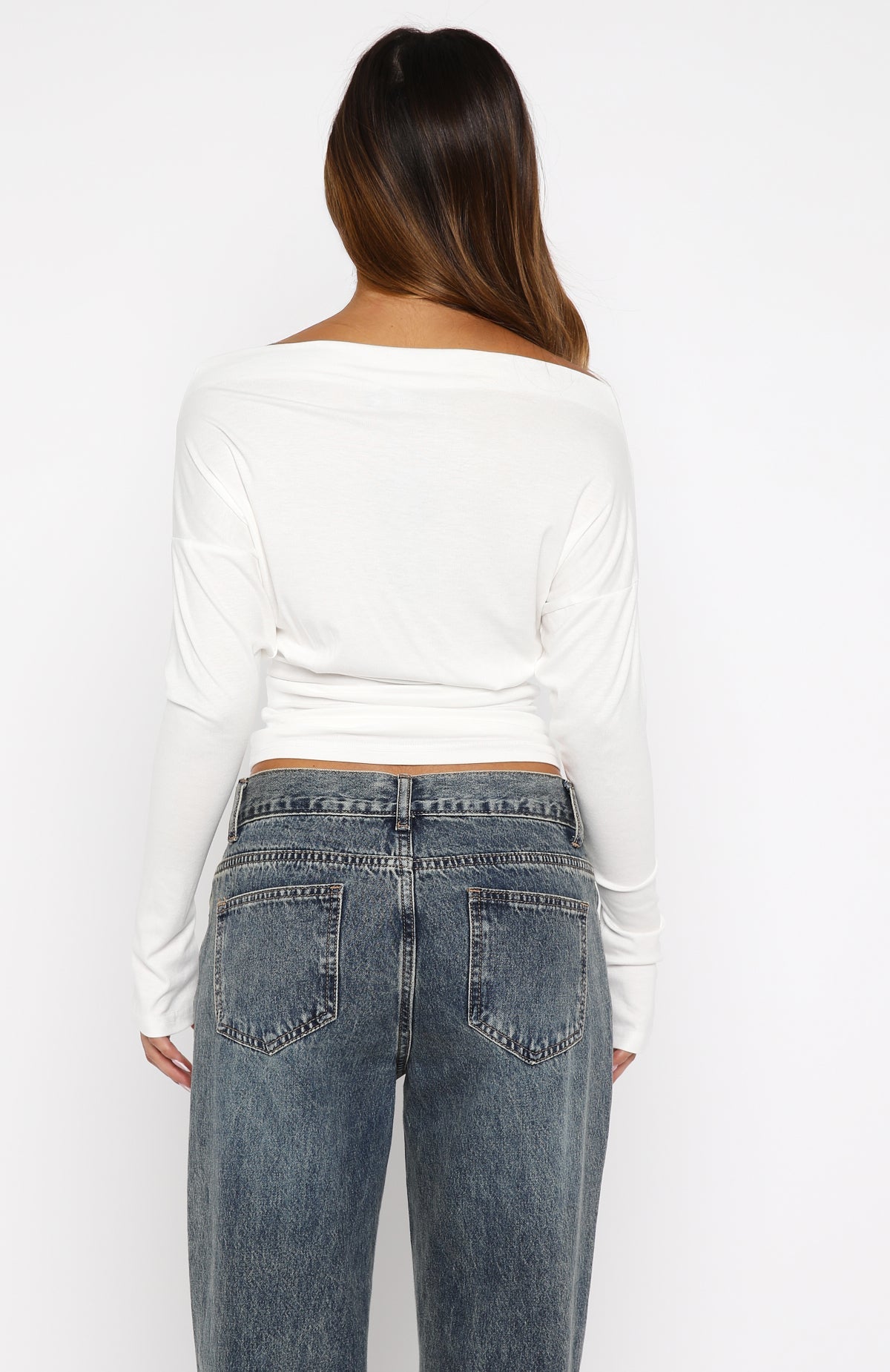 Another Time Cinched Waist Long Sleeve Top White
