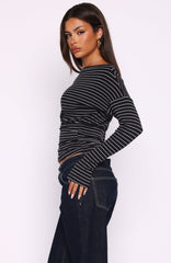 Another Time Cinched Waist Long Sleeve Top Black Stripe