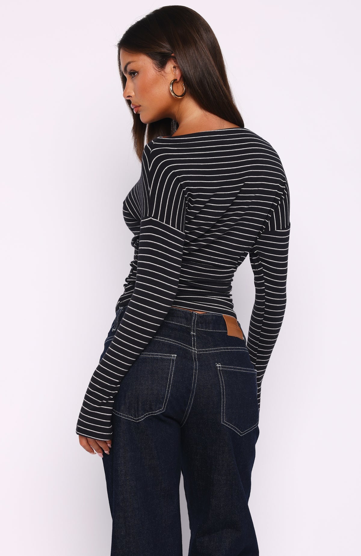 Another Time Cinched Waist Long Sleeve Top Black Stripe