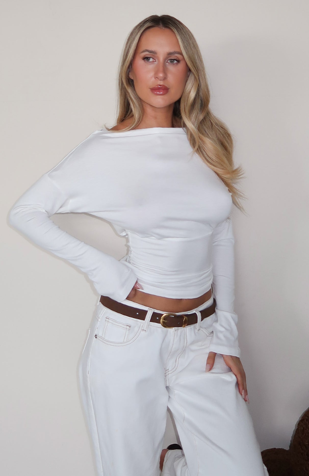 Another Time Cinched Waist Long Sleeve Top White