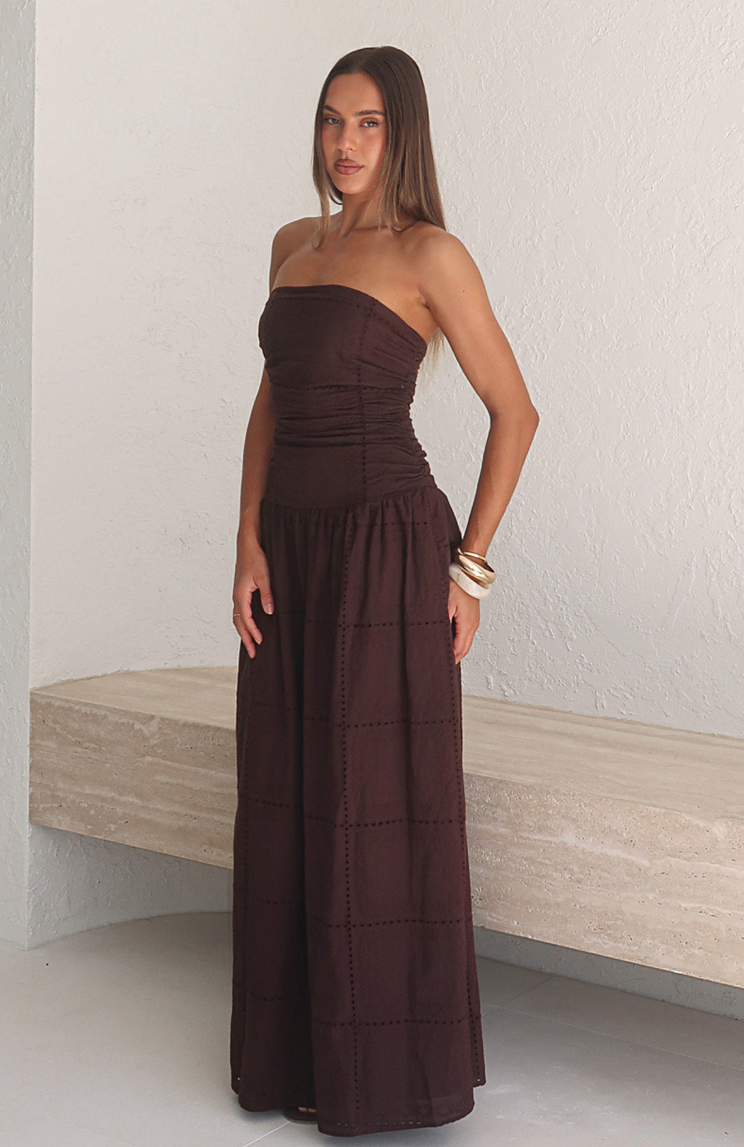 Bittersweet Babe Strapless Broderie Maxi Dress Chocolate