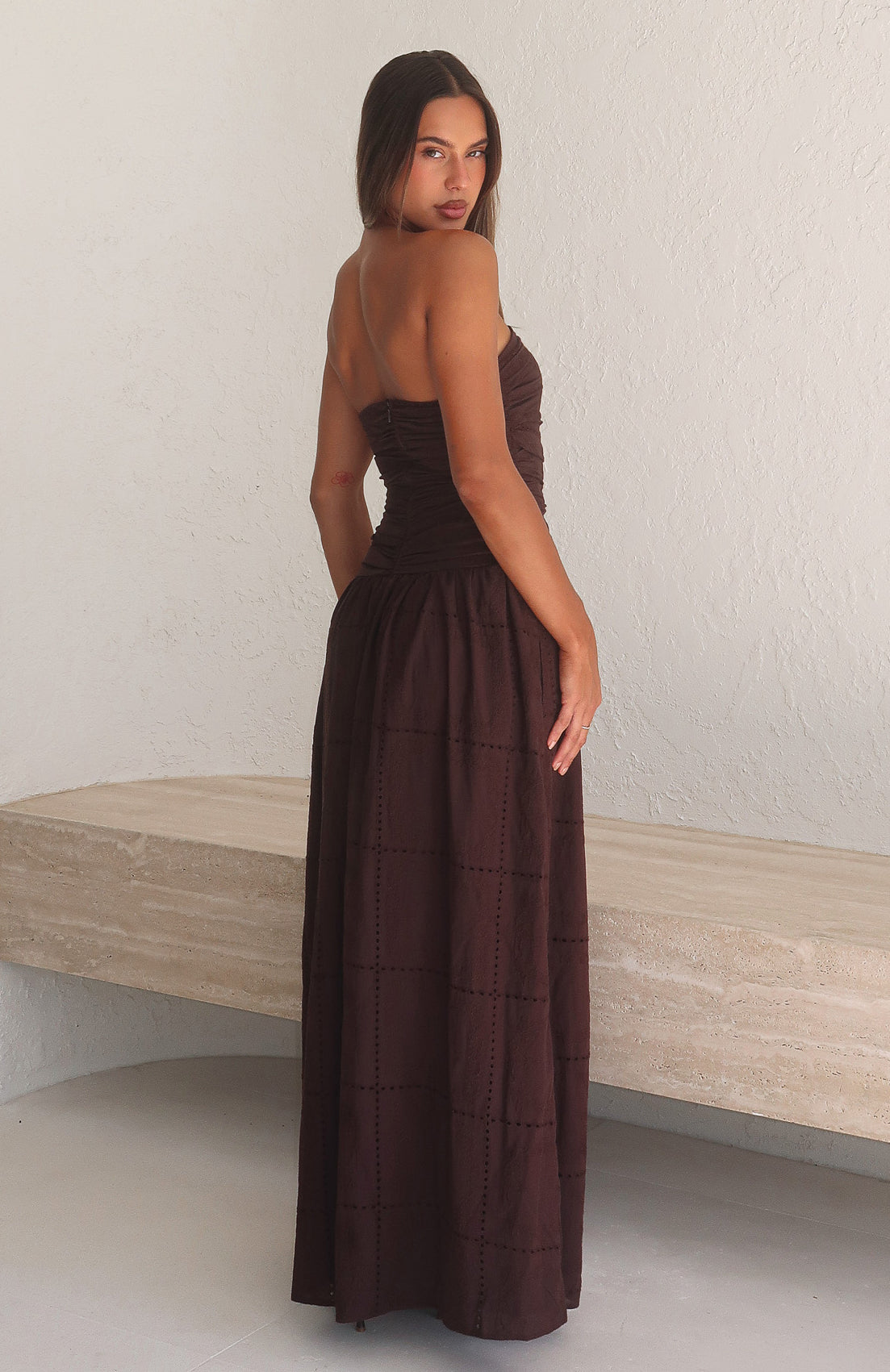 Bittersweet Babe Strapless Broderie Maxi Dress Chocolate