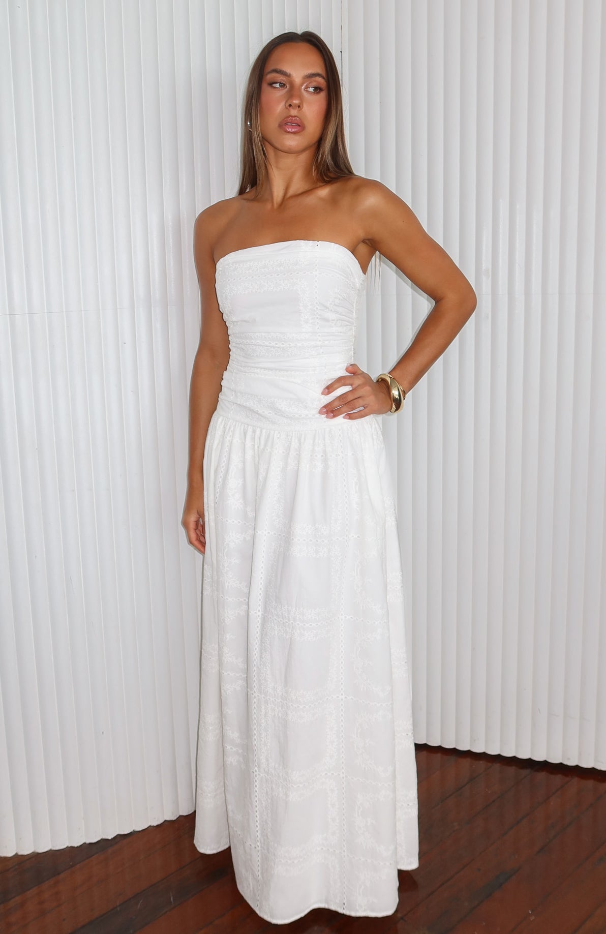 Bittersweet Babe Strapless Broderie Maxi Dress White