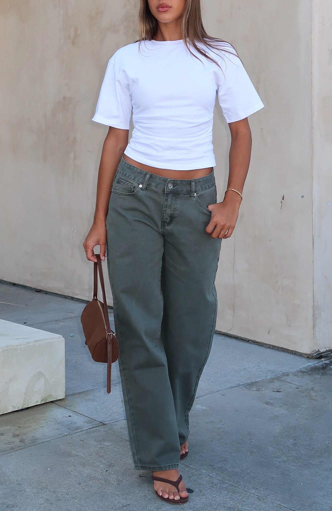 Bring The Style Low Rise Wide Leg Jeans Olive Wash