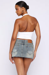 Broken Trust Denim Mini Skirt Brown Blue