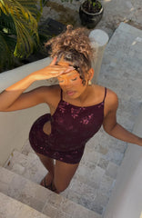 Byron Nights Beaded Mini Dress Burgundy