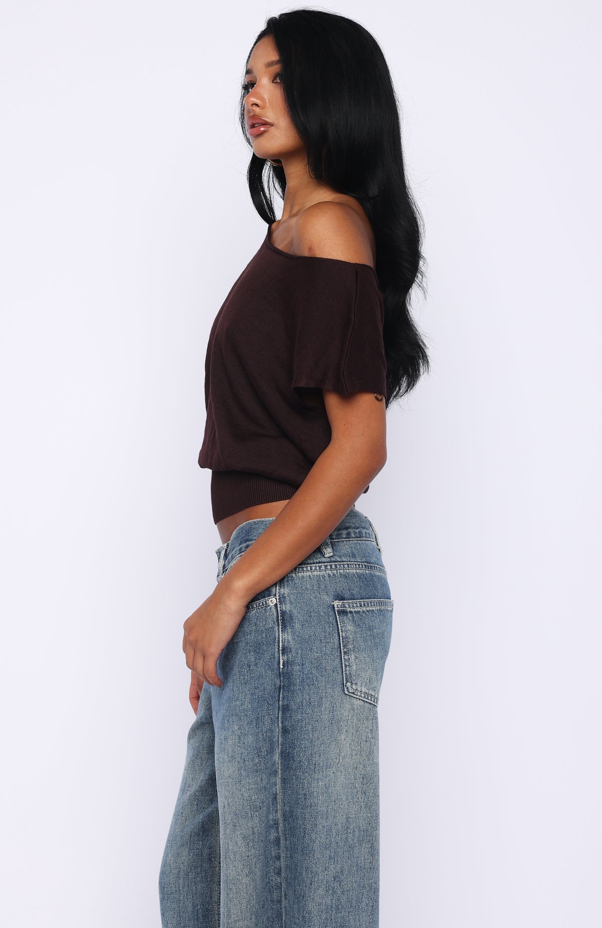Can't Change My Mind Off Shoulder Cinched Top Chocolate