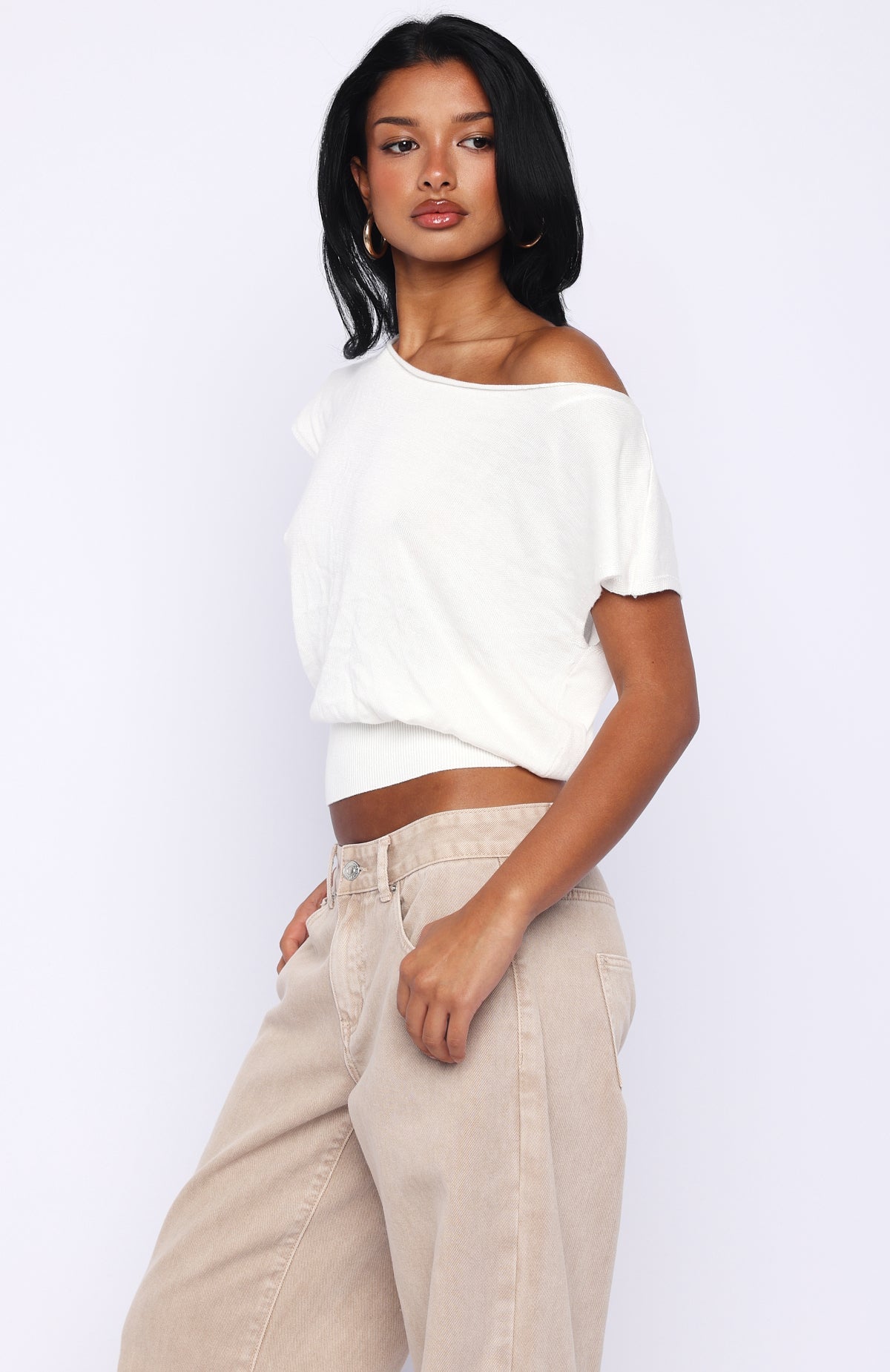 Can't Change My Mind Off Shoulder Cinched Top Off White