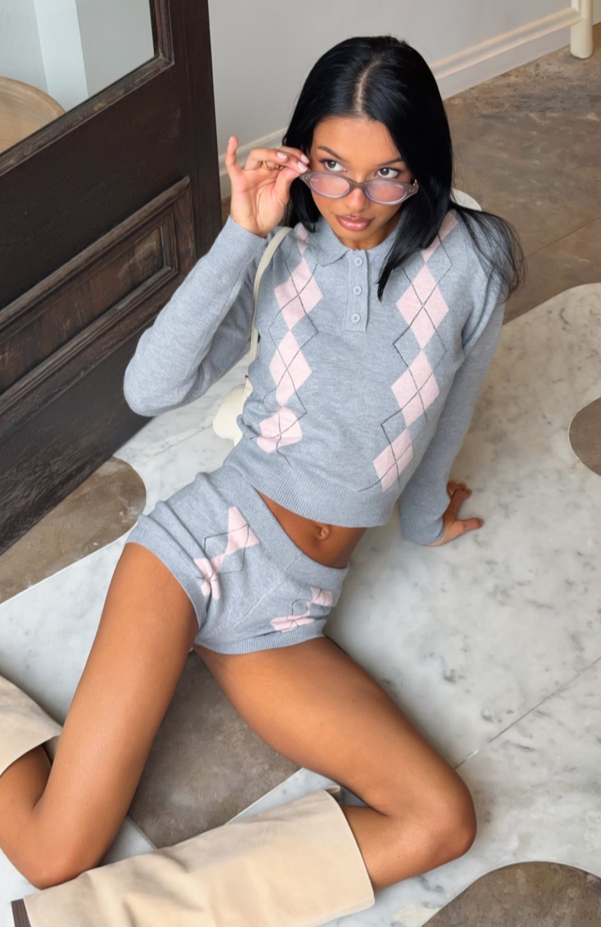 Candy Grid Argyle Knit Top Grey/Pink
