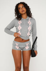 Candy Grid Argyle Knit Shorts Grey/Pink