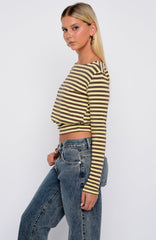 Catch My Heart Cinched Waist Long Sleeve Top Chocolate/Banana Stripe