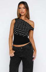 Cherry Charm Cinched Waist Top Black Polka Dot