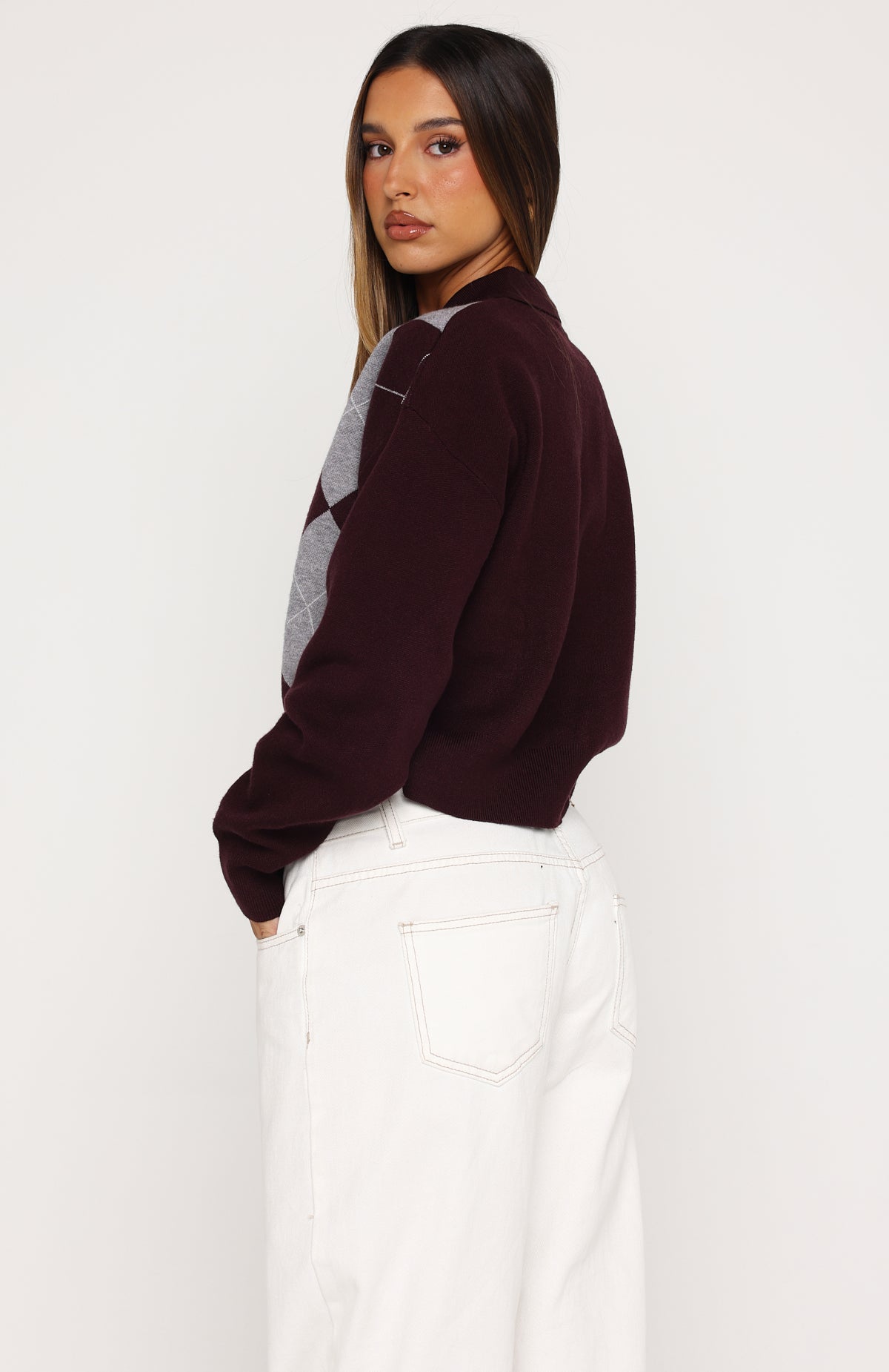 Cinzia Argyle Knit Sweater Mulled Merlot