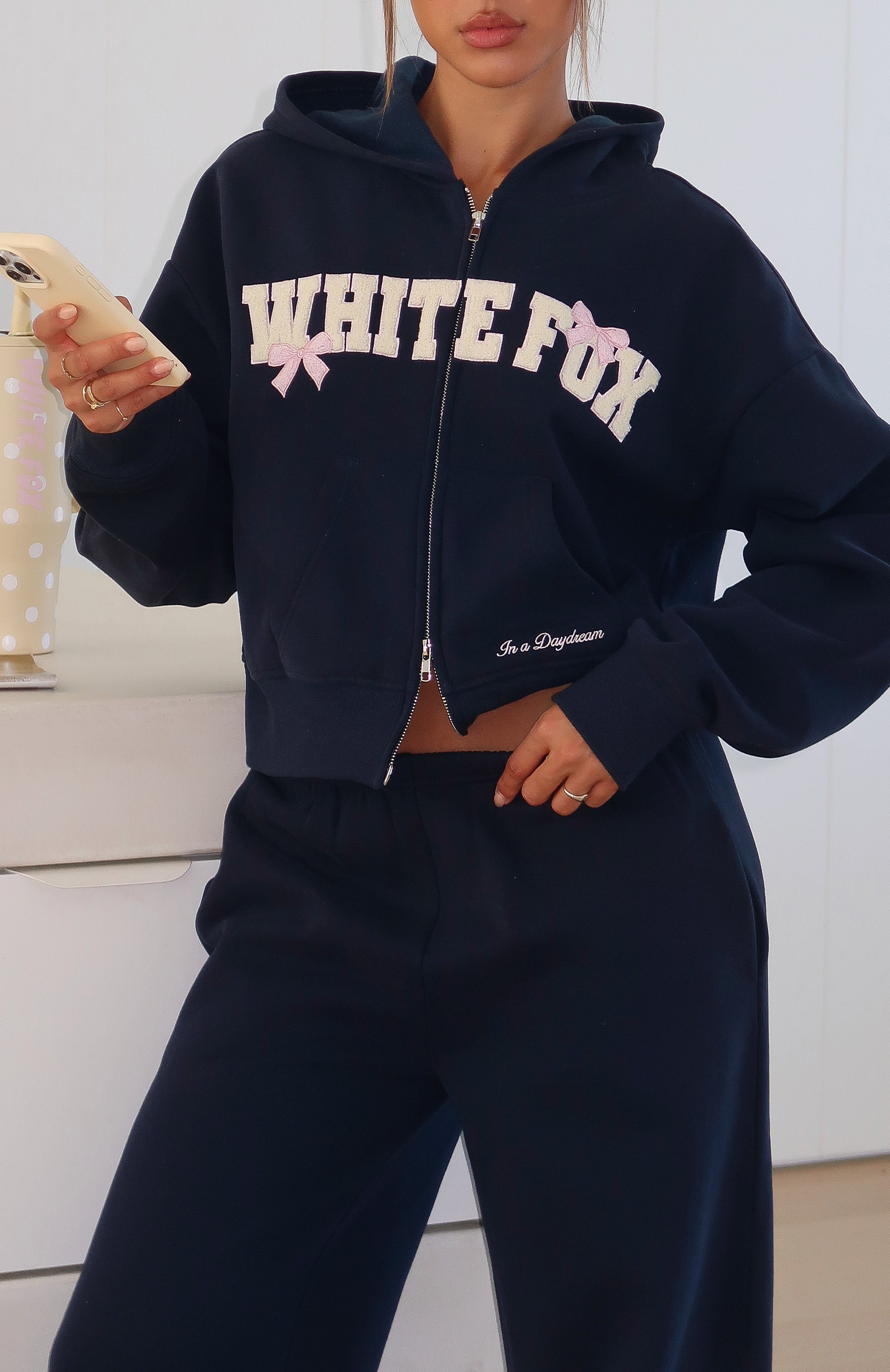 Daydreamers Madeline Boxy Zip Front Hoodie Navy