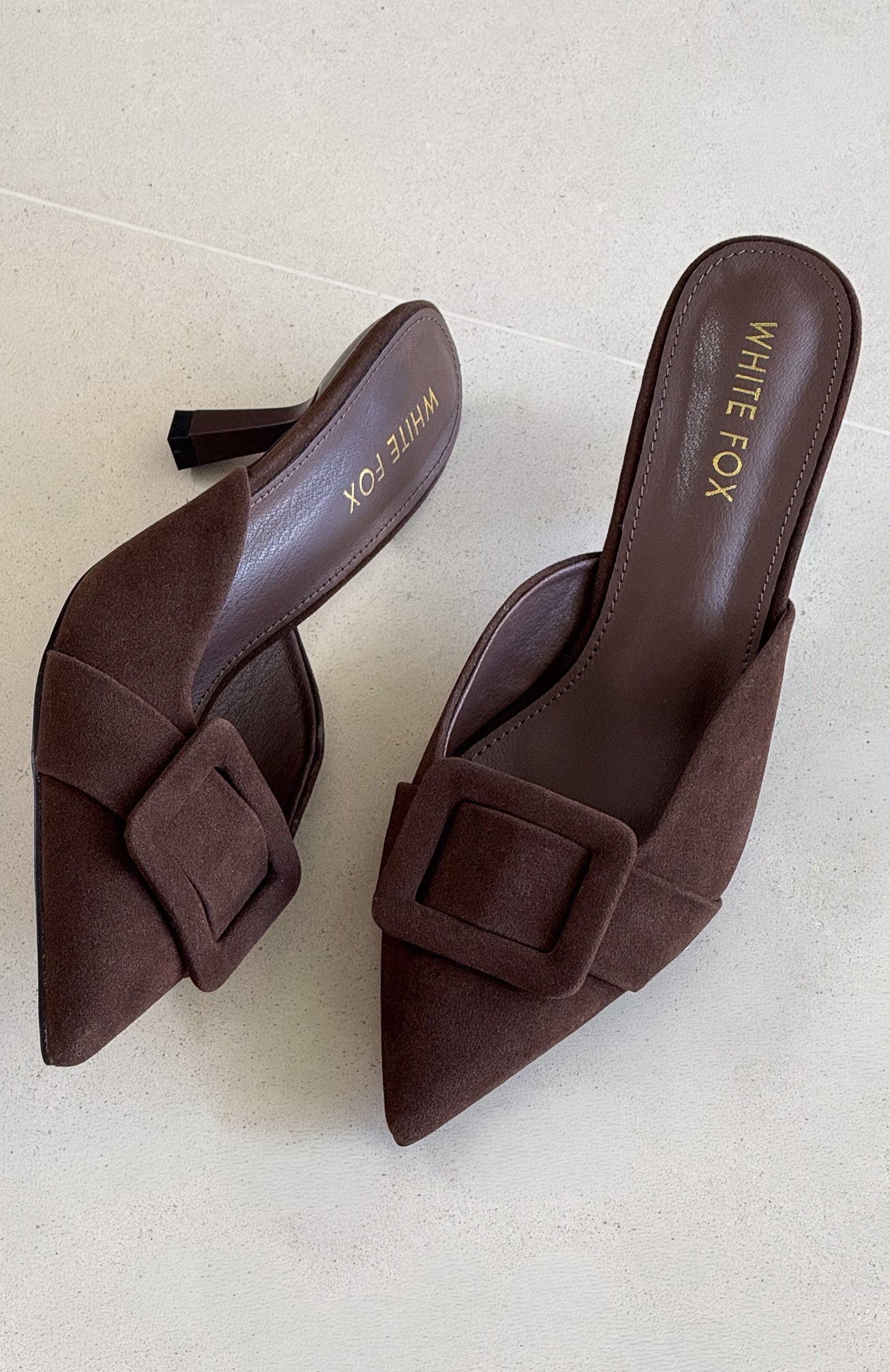Domino Heels Chocolate Faux Suede
