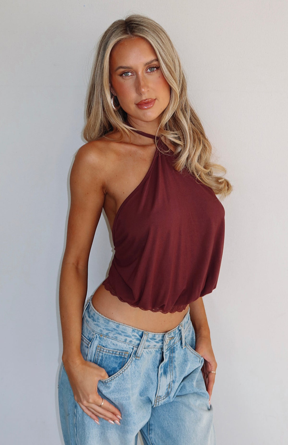 Endless Moment Cinched Waist Halter Top Burgundy