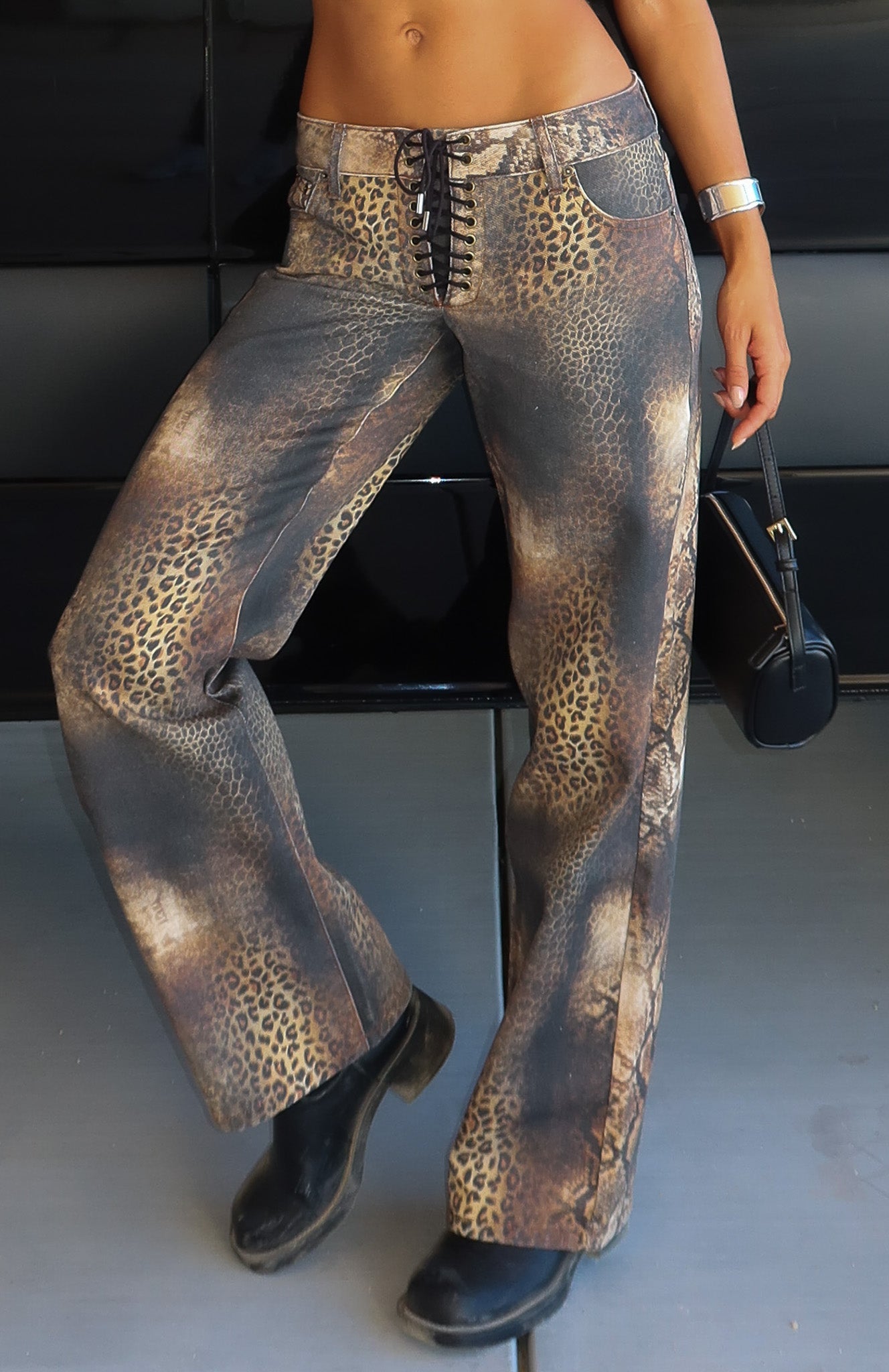 Actually Invested Mid Rise Lace Up Straight Leg Jeans Desert Mirage
