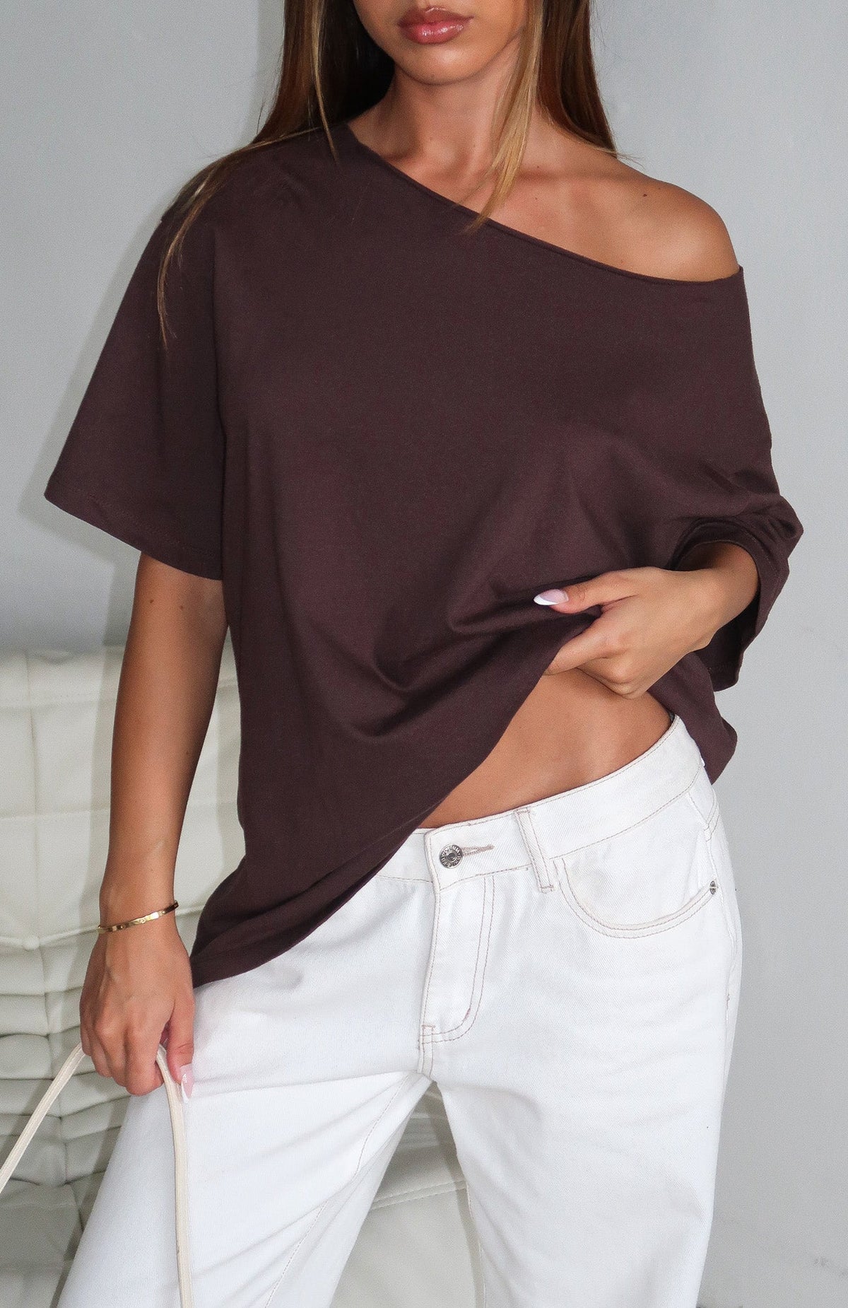 Give Me Options Off Shoulder Tee Chocolate