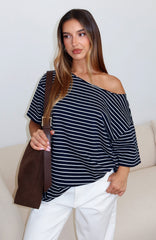 Give Me Options Off Shoulder Tee Navy/White Stripe