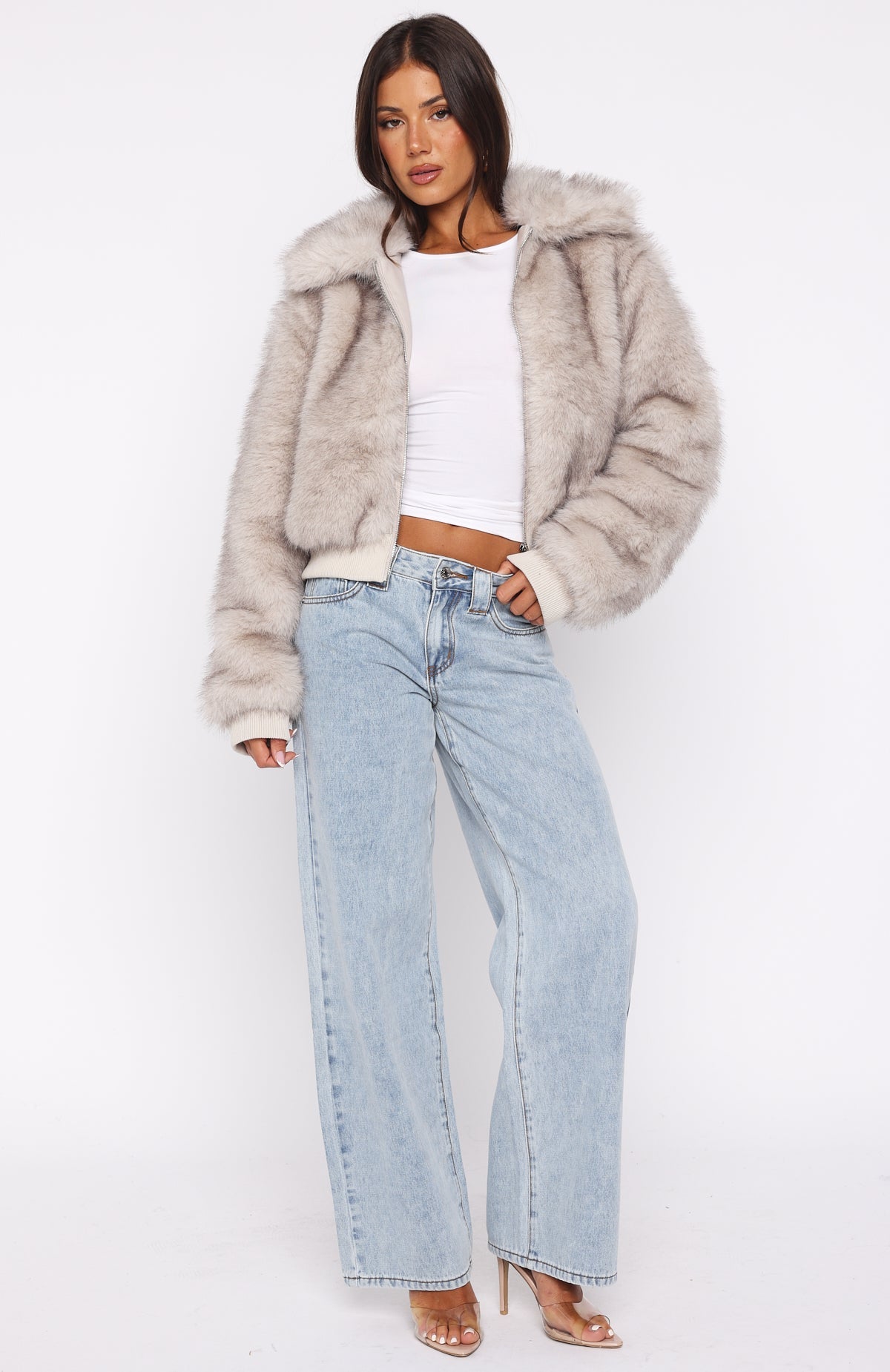 Glacial Chic Faux Fur Bomber Jacket Smokey Taupe