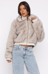 Glacial Chic Faux Fur Bomber Jacket Smokey Taupe