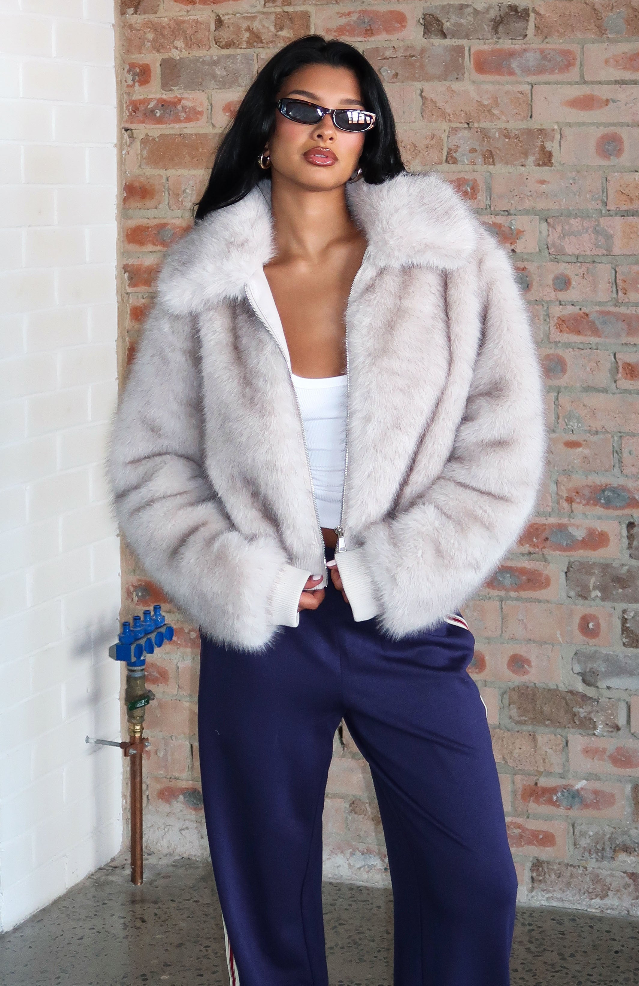 Glacial Chic Faux Fur Bomber Jacket Smokey Taupe