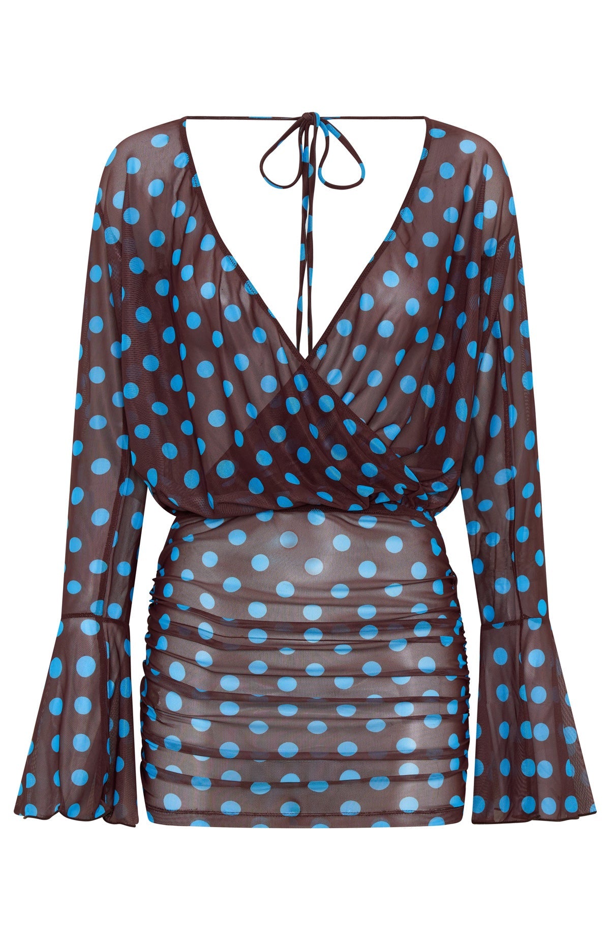 Half Moon Long Sleeve Mini Dress Choc & Blue Polka Dot