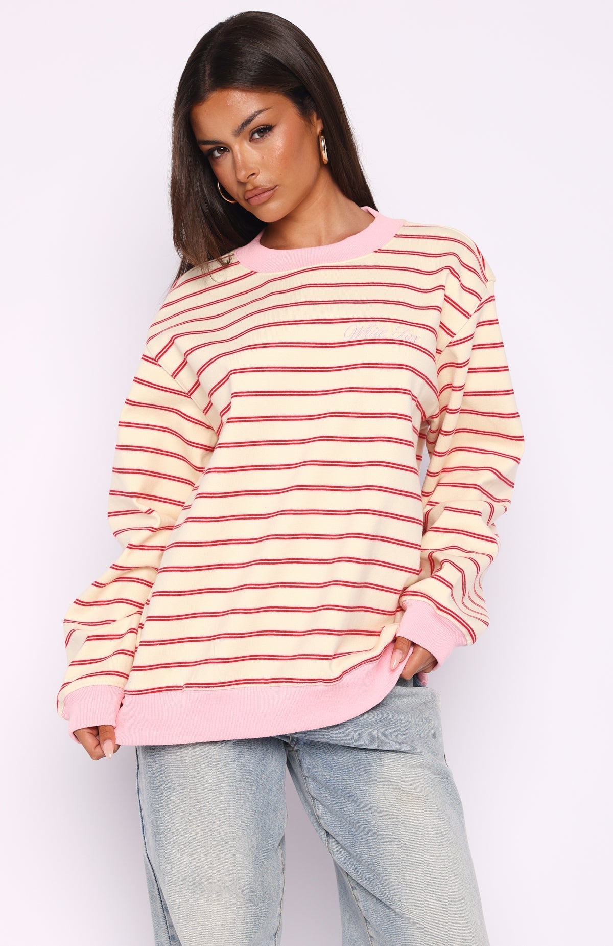 Happy Go Lucky Oversized Sweater Cream/Red Stripe