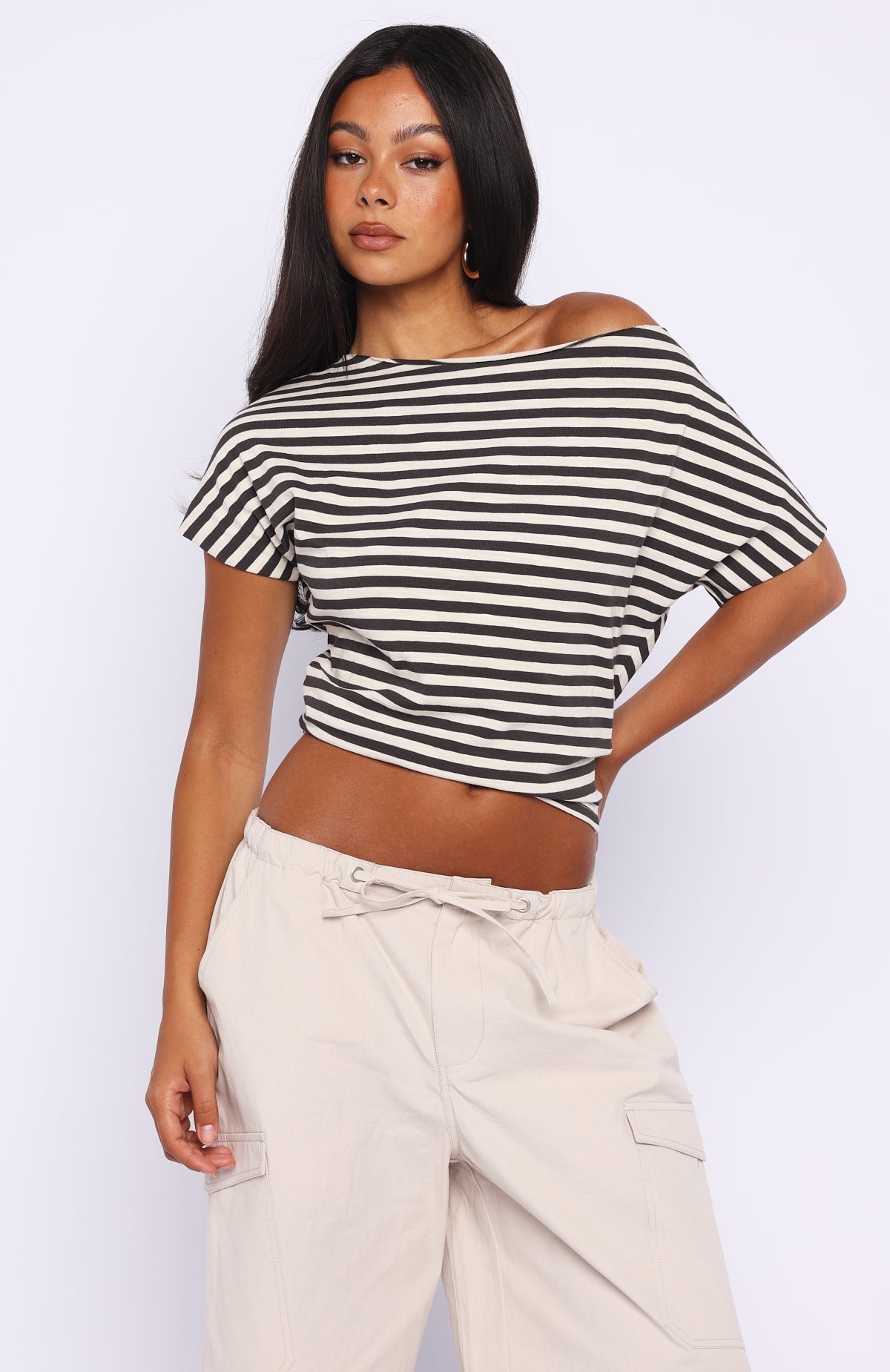 Happy To Help Cinched Waist Top Charcoal Stripe
