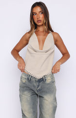 Heels And Hustle Cowl Neck Halter Top Stone