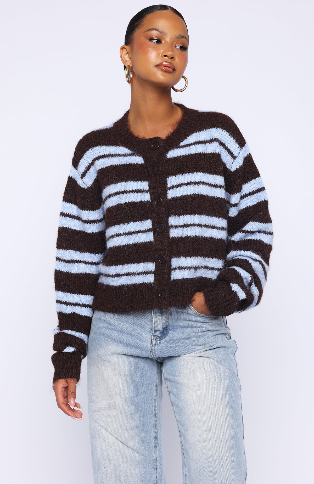 Ice Bae Stripe Knit Cardigan Blueberry Chocolate Stripe