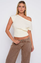 In A Spiral Cinched Waist Off Shoulder Knit Top Cream