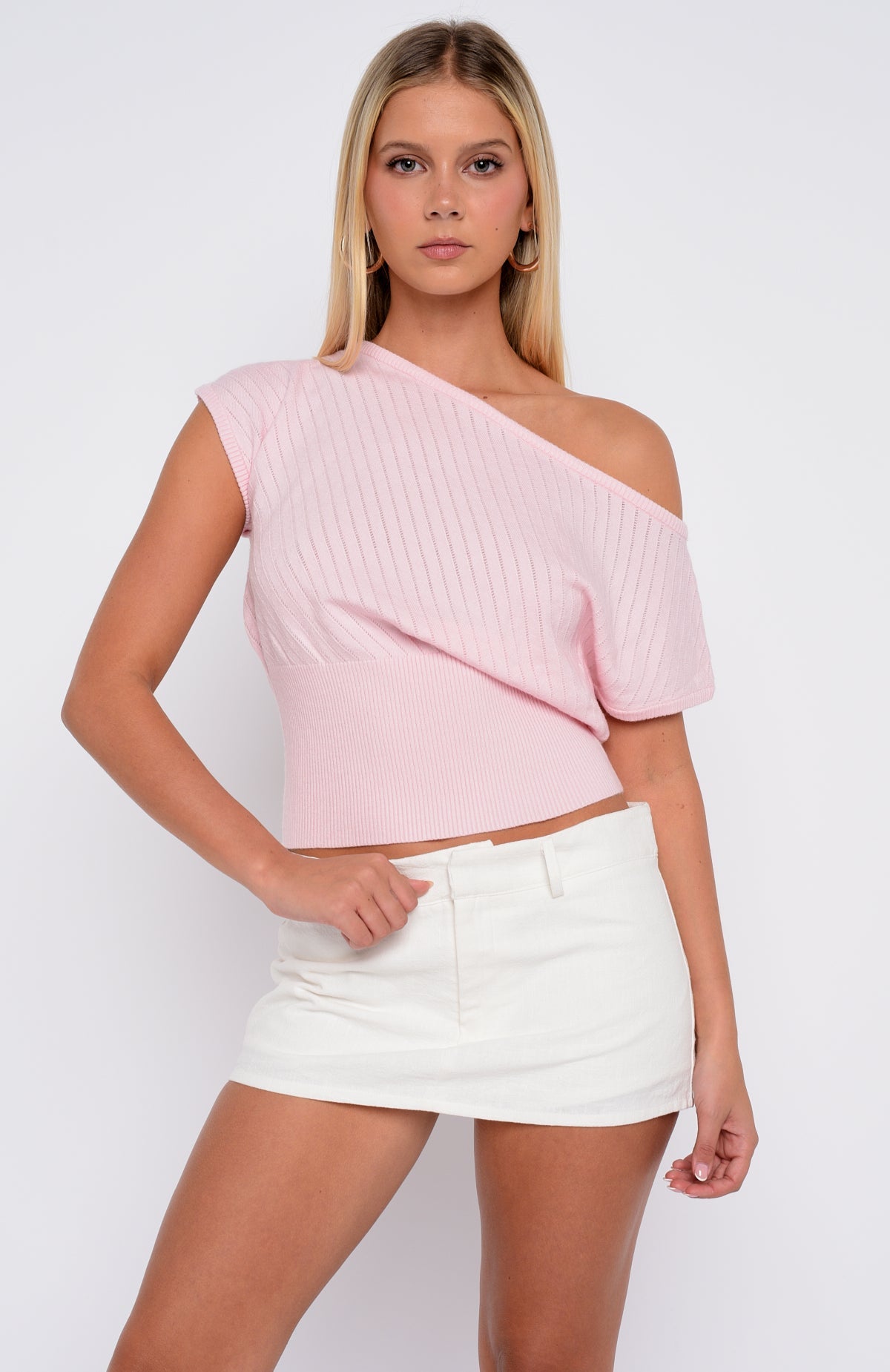 In A Spiral Cinched Waist Off Shoulder Knit Top Pink