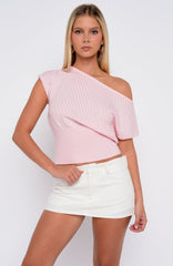 In A Spiral Cinched Waist Off Shoulder Knit Top Pink