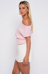 In A Spiral Cinched Waist Off Shoulder Knit Top Pink