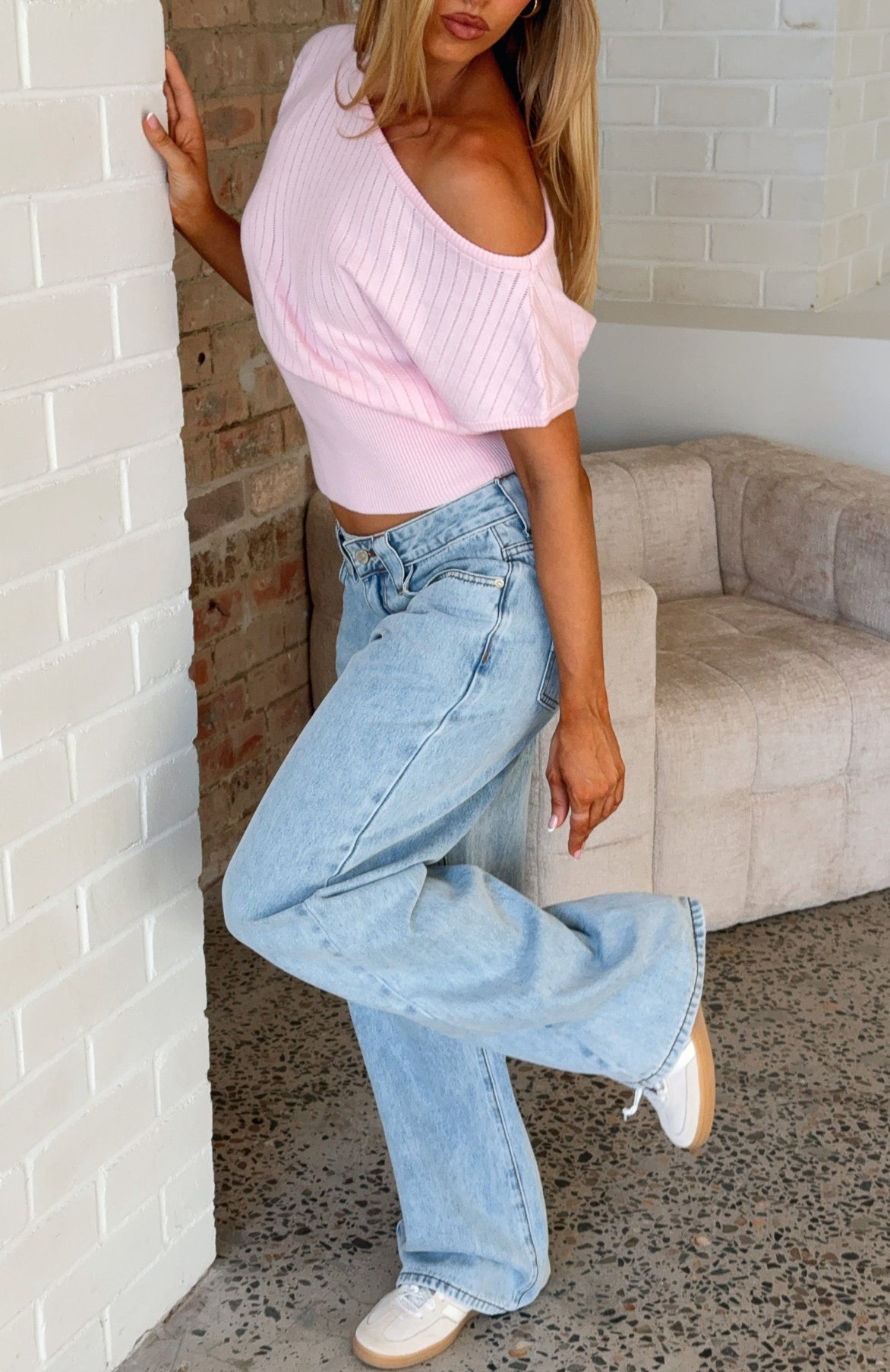 In A Spiral Cinched Waist Off Shoulder Knit Top Pink