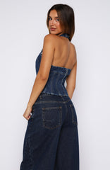 In Your Corner Denim Halter Top Dark Blue