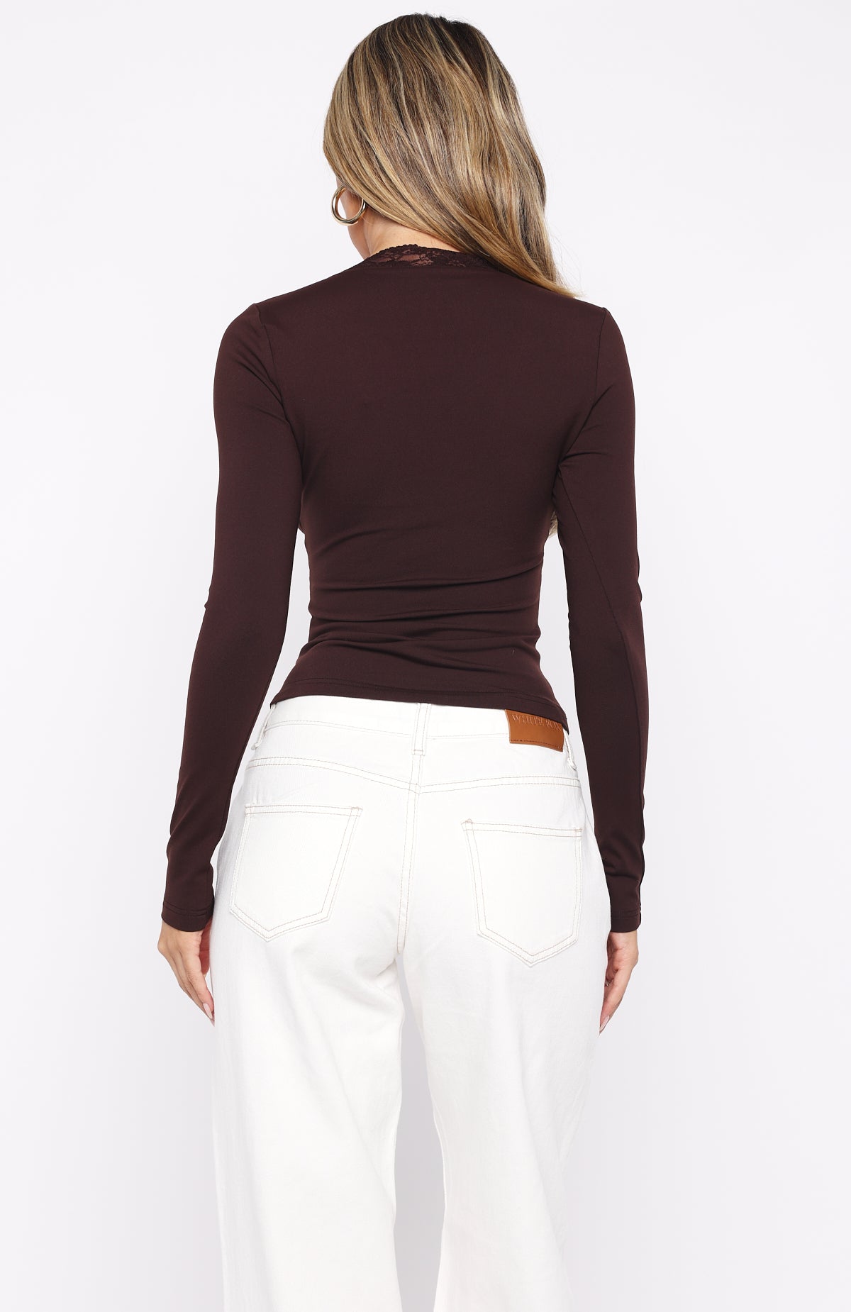 Knew That All Along Lace Trim Long Sleeve Top Chocolate