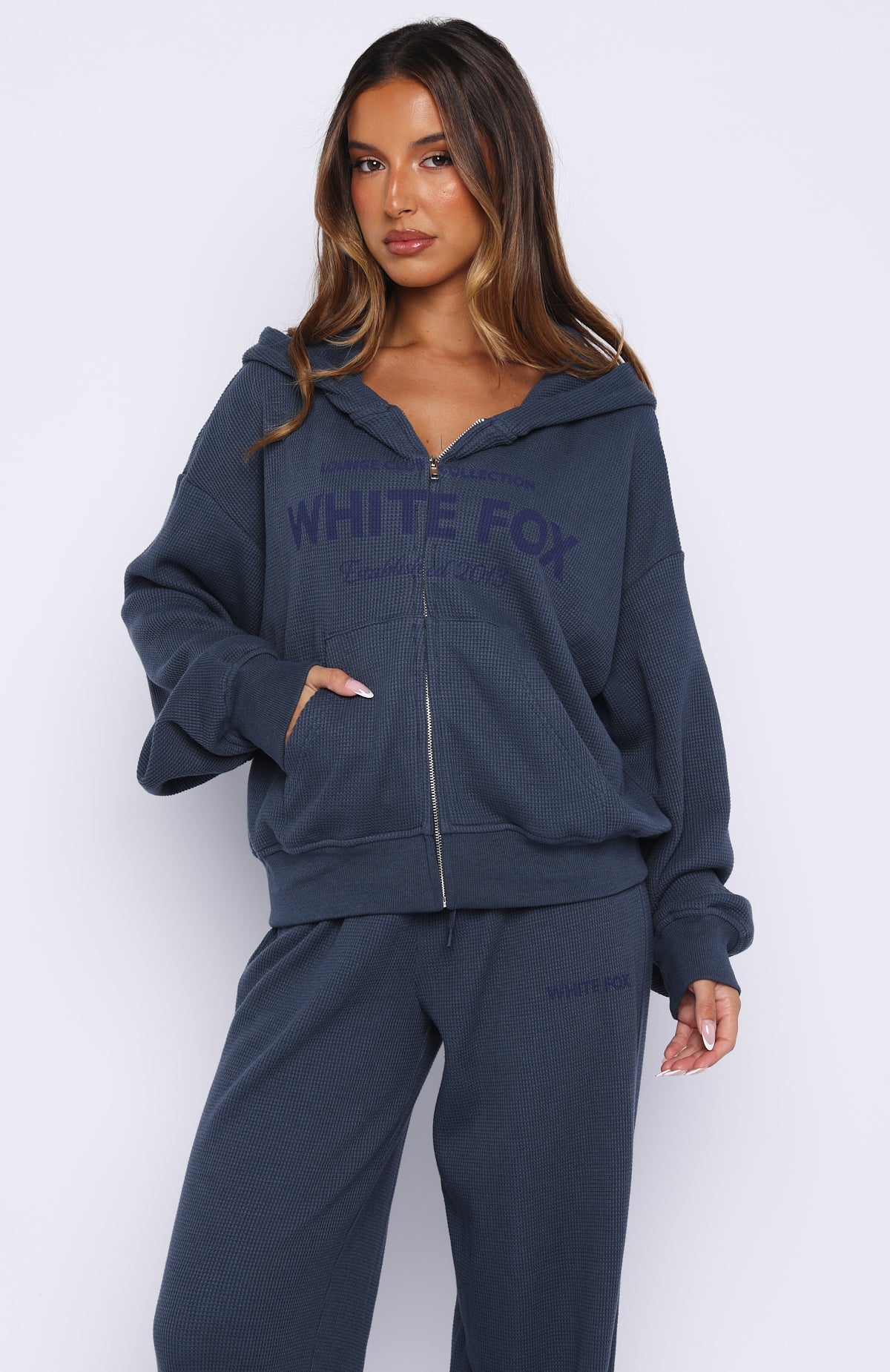 Leave Me Out Of It Waffle Boxy Zip Front Hoodie Navy