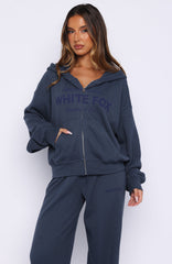 Leave Me Out Of It Waffle Boxy Zip Front Hoodie Navy