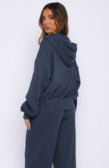 Leave Me Out Of It Waffle Boxy Zip Front Hoodie Navy