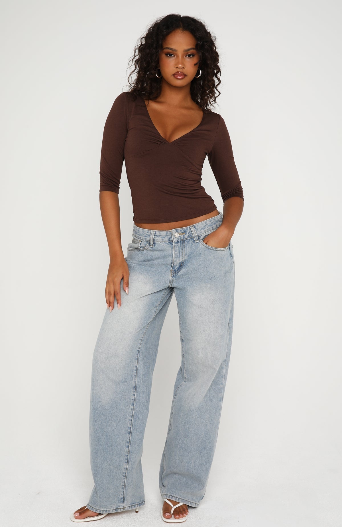 Little Bit Of Everything 3/4 Sleeve V Neck Top Chocolate