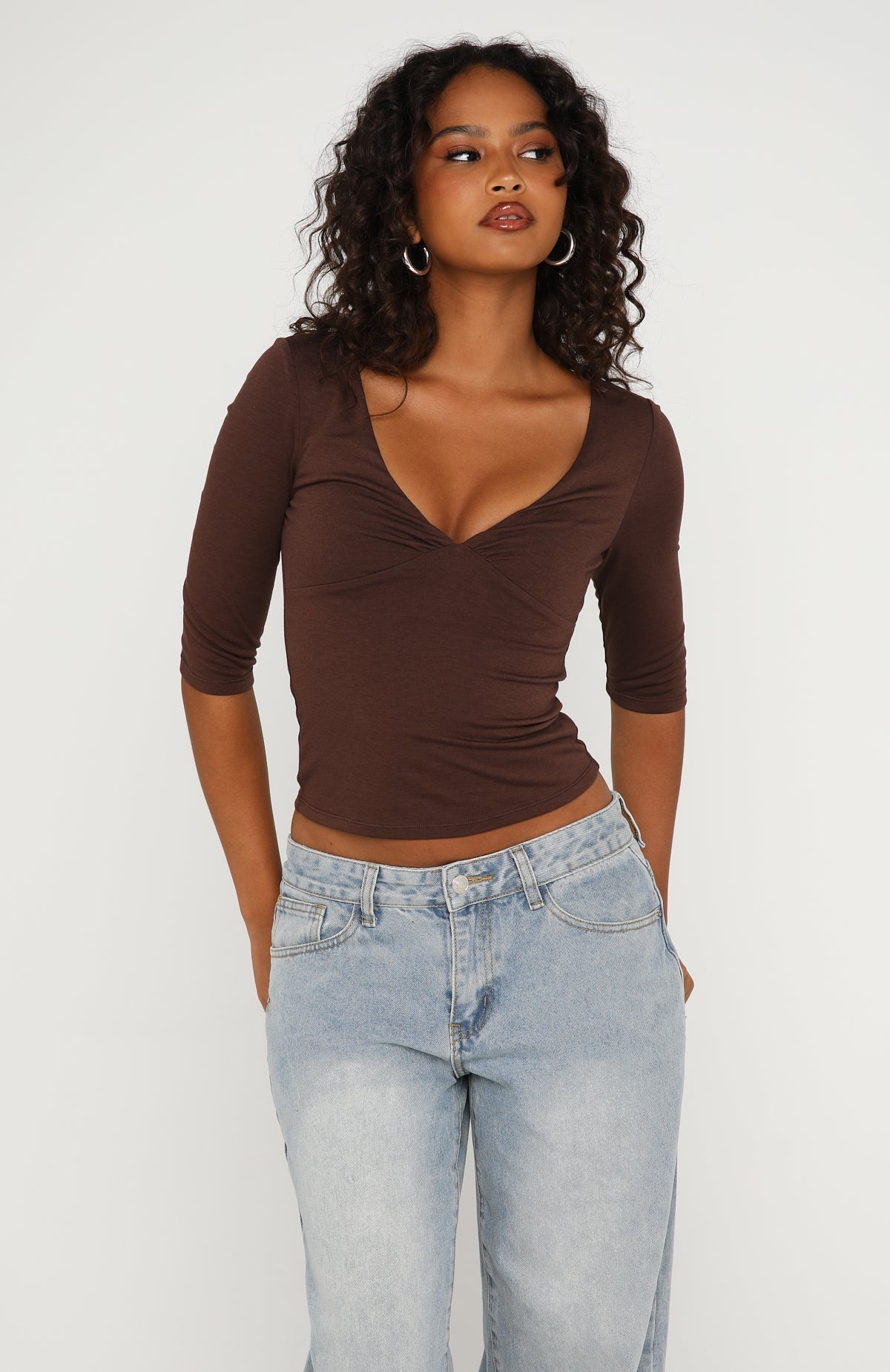 Little Bit Of Everything 3/4 Sleeve V Neck Top Chocolate