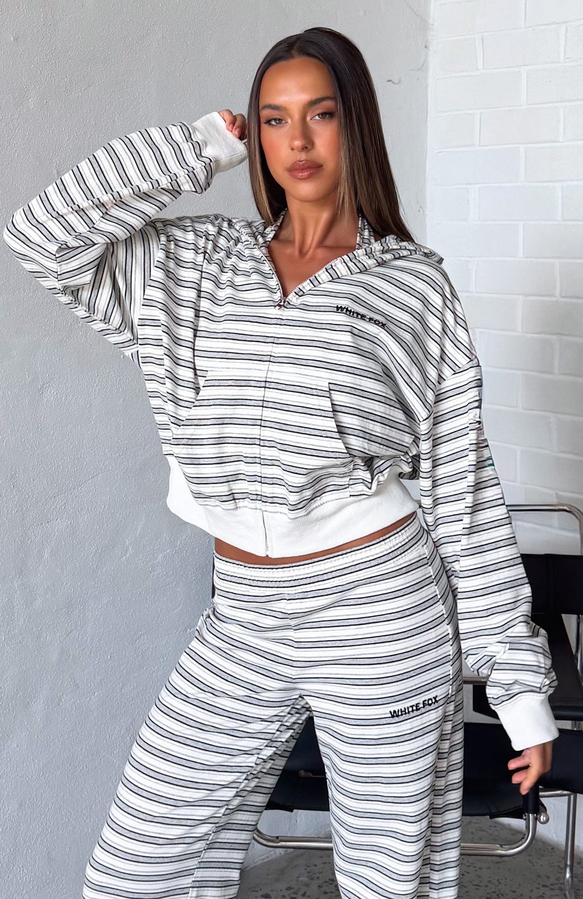 Looking Back Boxy Zip Front Hoodie White Stripe