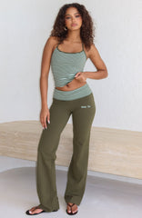 Lucky Charm Fold Over Pants Khaki / Mint Stripe
